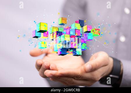 Das 3D-Rendering von Polygonal-Wireframe-Kunst sieht aus wie ein Konzept der Konstellation-Small Data Cloud-Technologie Stockfoto