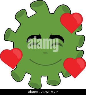 Vektor-Emoticon Illustration einer Cartoon-Mikrobe, Virus oder Bakterien, umgeben von Herzen Stock Vektor