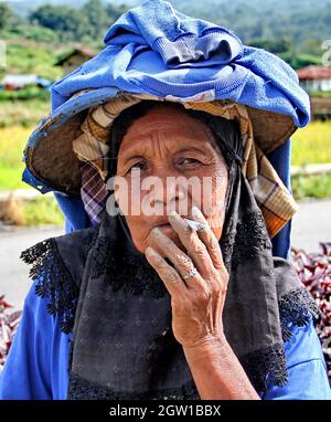 Eine ältere Frau aus Minangkabau, die in der Nähe der Stadt Bukittinggi in West-Sumatra, Indonesien, eine Zigarette raucht. Reisfelder liegen hinter ihr. Stockfoto