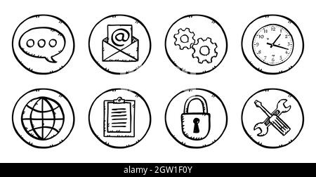 Handgezeichnete Vektorsymbole mit Geschäftsthema. Schwarz-weiße Symbole im Skizzenstil, auf transparentem Hintergrund isolierte Illustrationen. Stock Vektor