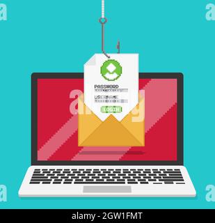 Pixel-Art-Vektor-Illustration von Phishing-Login und Passwort aus E-Mail mit Angelhaken auf Laptop-Bildschirm. Stock Vektor