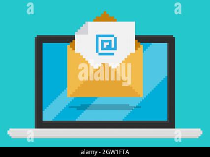 Pixel Art Vektor Illustration von E-Mail öffnen mit E-Mail-Zeichen, auf Laptop-Bildschirm. Stock Vektor