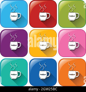 Farbenfrohe, abgerundete Knöpfe mit Tassen Kaffee Stock Vektor