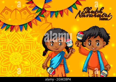 Navaratri Poster Design mit Kindern halten Maracas Stock Vektor