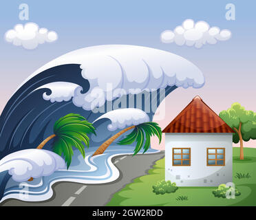 Tsunami mit großen Wellen über dem Haus Stock Vektor