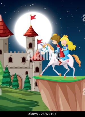 Prinz und Prinzessin reiten Fantasy-Einhorn bei Nacht mit Mond Stock Vektor
