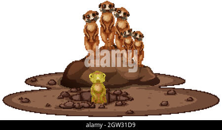 Gruppe von Erdmännchen, die auf dem Felsen lächeln Stock Vektor