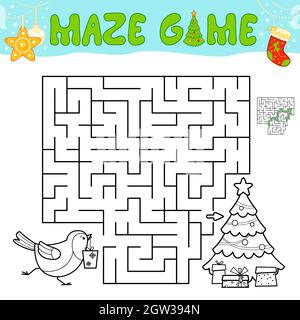 Christmas Maze Puzzle-Spiel für Kinder. Skizzieren Labyrinth oder Labyrinth-Spiel mit christmas Bird. Stock Vektor