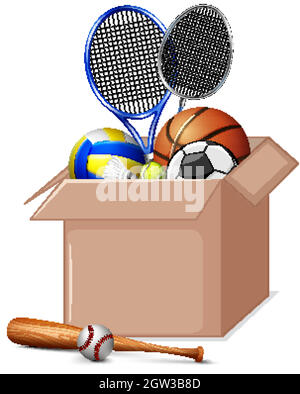 Pappkarton voller Sportgeräte auf weißem Hintergrund Stock Vektor