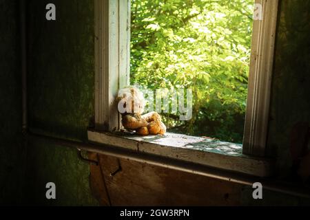 Verlassene Stofftiere in einem Dorfhaus Fenster - Zalisya Dorf, Tschernobyl Ausschlusszone, Ukraine Stockfoto