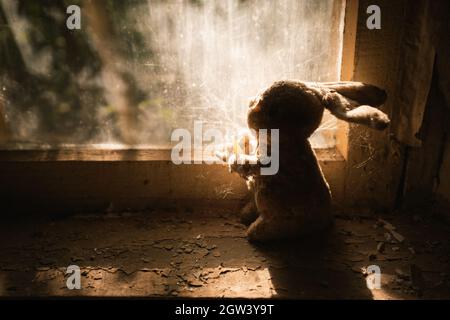 Stoffhase Spielzeug Silhouette im Licht eines Fensters im Kindergarten - Kopachi Village, Tschernobyl Ausschlusszone, Ukraine Stockfoto