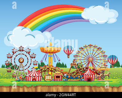 Zirkusszene mit Regenbogen am Himmel Stock Vektor