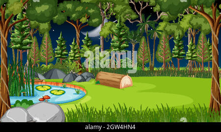 Waldlandschaft Szene in der Nacht mit vielen Bäumen Stock Vektor