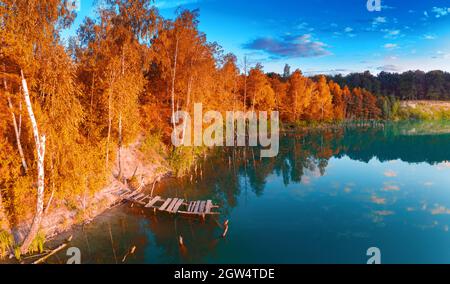 Eine kleine Insel mitten im See, gelbe Herbstblätter auf den Bäumen. Drohnenansicht. Stockfoto