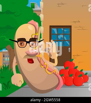 Hot Dog zeigt ok Schild. Amerikanisches Fast Food als Zeichentrickfigur mit Gesicht. Stock Vektor