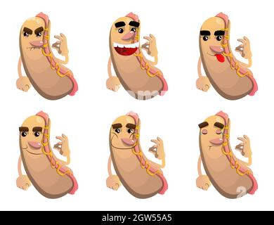 Hot Dog zeigt ok Schild. Amerikanisches Fast Food als Zeichentrickfigur mit Gesicht. Stock Vektor