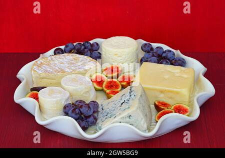 Käseplatte mit Camembert, Ziegenkäse, Blauschimmelkäse, frischen Feigen und Trauben Stockfoto