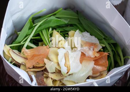 Kompostierung von organischen Lebensmittelrückständen. Kompost in einer umweltfreundlichen Papiertüte aus recycelten Materialien. Stockfoto