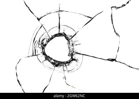 Collage aus Rissen im Glas, ein Loch aus Kugeln im Glas auf weißem Hintergrund. Glasstruktur des Fensters. Stockfoto