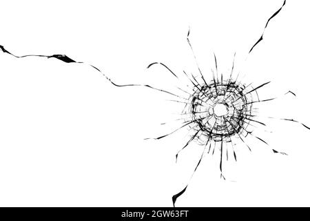 Collage aus Rissen im Glas, ein Loch aus Kugeln im Glas auf weißem Hintergrund. Glasstruktur des Fensters. Stockfoto