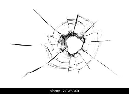 Collage aus Rissen im Glas, ein Loch aus Kugeln im Glas auf weißem Hintergrund. Glasstruktur des Fensters. Stockfoto