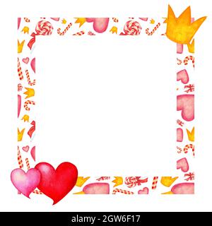 Aquarellrahmen mit Herzen, Süßigkeiten und Krone. Quadratischer Rahmen aus handbemalten Aquarellherzen. Abstrakte Liebe zu deiner Valentinskarte Stockfoto
