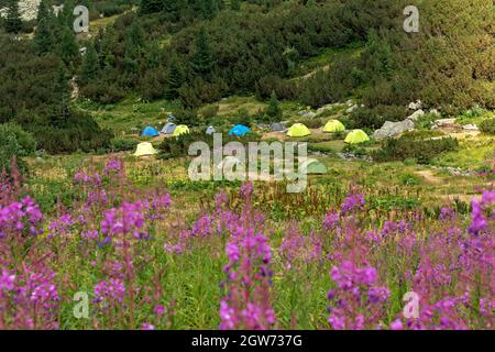 Wandern in Bulgarien. Zelte lagern im Rila Nationalpark und Naturschutzgebiet, Bulgarien, Osteuropa, Balkan Stockfoto