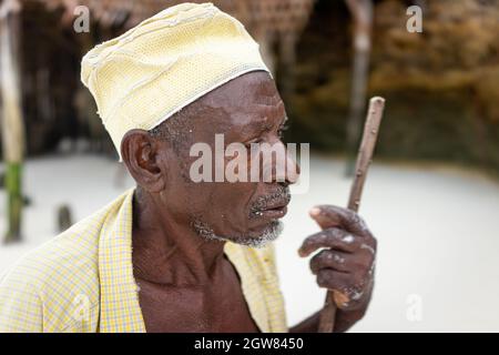 Gealterter afrikanischer shepard, der am Strand mit Stock läuft Stockfoto