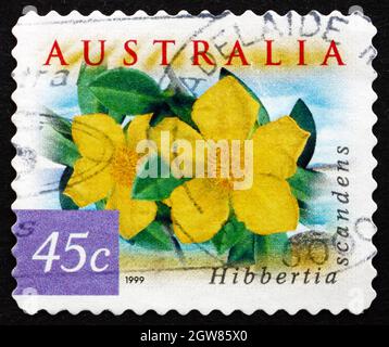 AUSTRALIEN - UM 1999: Eine in Australien gedruckte Marke zeigt Snake Vine, Hibbertia scandens, Vine, um 1999 Stockfoto