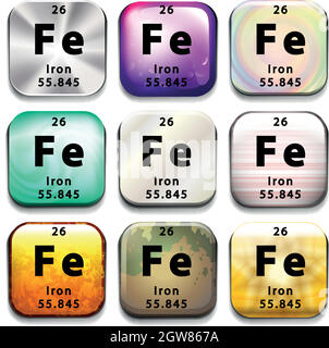 Eine Schaltfläche für das Periodensystem mit der Anzeige „Eisen“ Stock Vektor