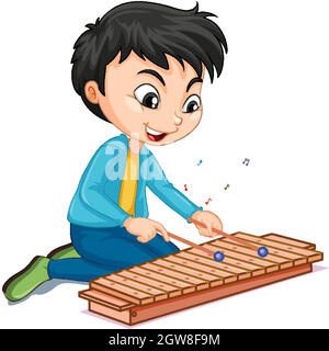 Charakter eines Jungen, der Xylophon auf weißem Hintergrund spielt Stock Vektor