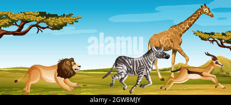 Gruppe wilder afrikanischer Tiere, die im Savannenfeld laufen Stock Vektor