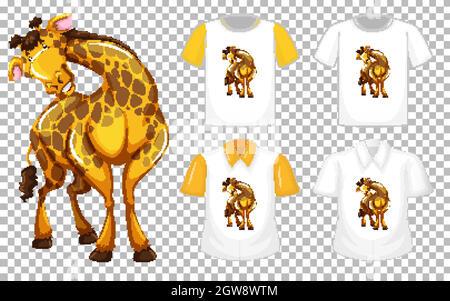 Giraffe in Standposition Cartoon-Figur mit vielen Arten von Hemden auf transparentem Hintergrund Stock Vektor