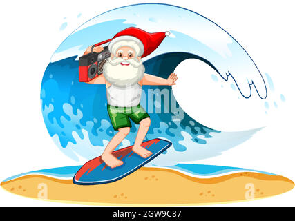 Santa Claus Surfen mit Welle im Sommer Thema auf weißem Hintergrund Stock Vektor