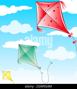 Drei Drachen fliegen in blauem Himmel Stock Vektor