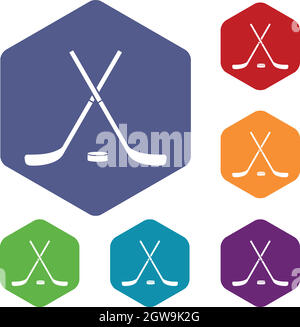 Gekreuzten Hockey-Schläger und Puck Icons set Stock Vektor