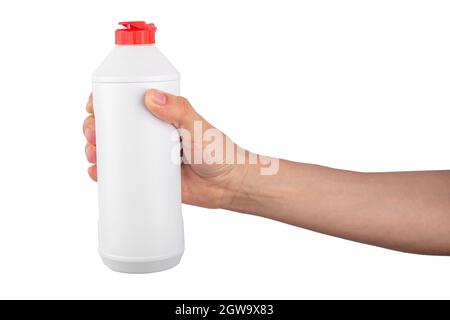 Weiße Flasche mit rotem Deckel, isoliert auf weißem Hintergrund. Datei enthält Beschneidungspfad. Stockfoto