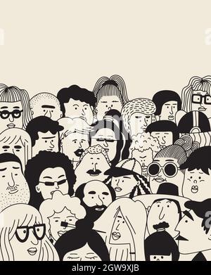 Gesichter von Menschen - handgezeichnetes Doodle-Set. Schwarz-Weiß-Vektordarstellung von Menschen. Sammlung von verschiedenen Menschen. Jung, mittleres Alter, Senior adul Stock Vektor