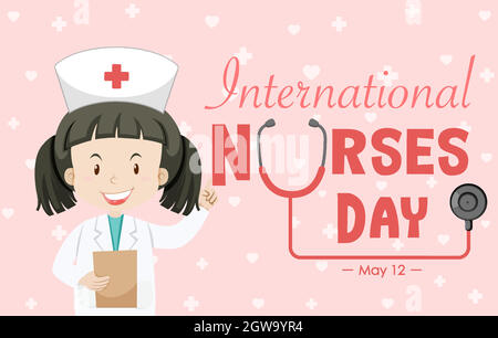 Happy International Nurses Day Schriftart mit Krankenschwester Zeichentrickfigur Stock Vektor