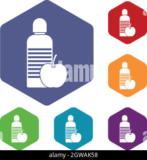 Flasche Wasser und Apple Icons set Stock Vektor