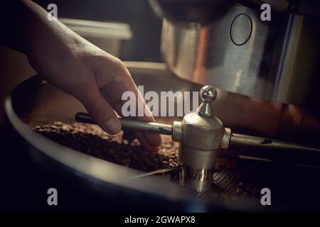 Die Hände des Mannes halten frisch geröstete aromatische Kaffeebohnen über einer modernen Kaffeeröstermaschine. Stockfoto