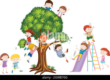 Kinder spielen auf Baum und Rutsche Stock Vektor