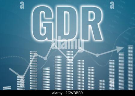 Finanzperiode GDR - Global Depository Receipt auf blauem Finanzhintergrund aus Grafiken, Diagrammen. Trend nach oben und unten. 3D-Rendering. Finanzmarktkonzept Stockfoto