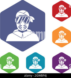 Paintball-Spieler Schutzmaske Icons Set trägt Stock Vektor