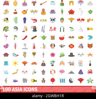 100 Asien Symbole, Cartoon Stil Stock Vektor