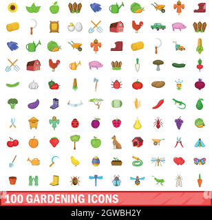 100 Gartenarbeit Symbole, Cartoon Stil Stock Vektor