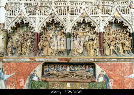 Holzschnitzerei in der Kathedrale Notre Dame d’Amiens, Amiens, Frankreich | Holzschnitzereien in der Kathedrale Basilika unserer Lieben Frau von Amiens, Amiens, Stockfoto