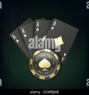 Vier schwarze Poker-Karten mit Goldfarbe und Casino-Chip. Quads und Glücksspiel-Chip. Casino-Banner oder -Poster im königlichen Stil. Vektorgrafik Stock Vektor