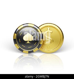 Goldene Münze und Casino-Chip. Realistische Glücksspiel Chip Goldmünze. Spielgeld. Vektordarstellung auf weißem Hintergrund isoliert Stock Vektor