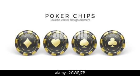 Schwarze und goldene Casino-Chips isoliert auf Weiß. Spielchips mit einem schmackenden Kartensuit-Symbol. Vektorgrafik Stock Vektor